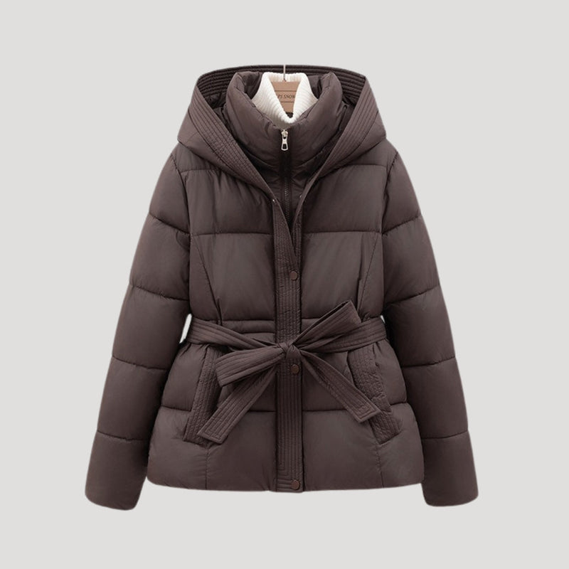 Women’s Short Belted Puffer Jacket – Hooded Padded Outer Layer
