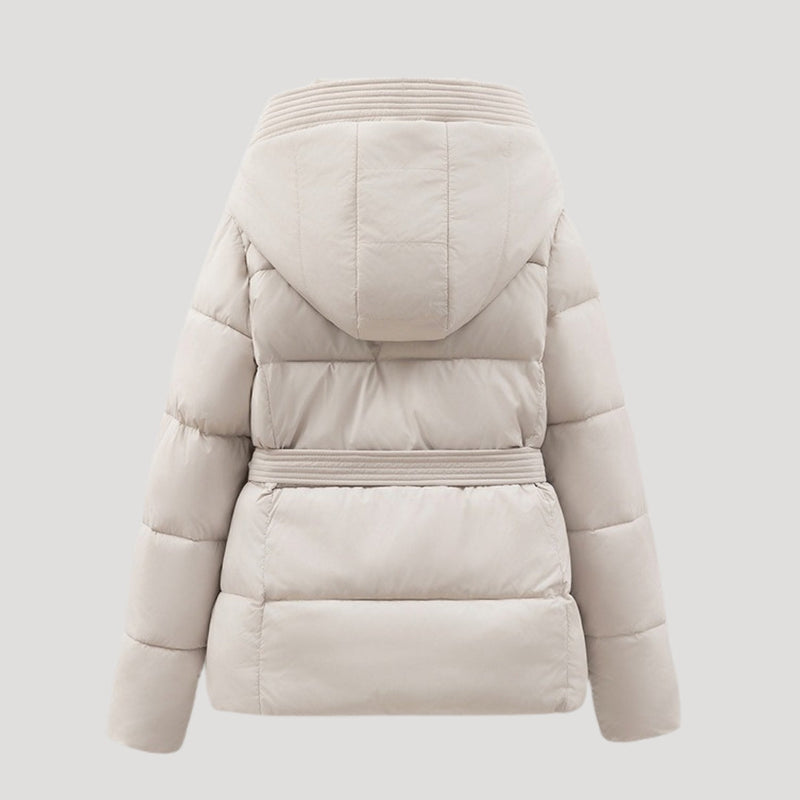 Women’s Short Belted Puffer Jacket – Hooded Padded Outer Layer
