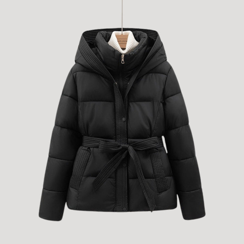 Women’s Short Belted Puffer Jacket – Hooded Padded Outer Layer