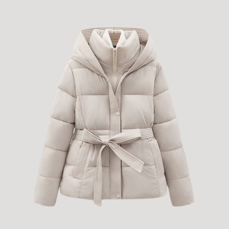 Women’s Short Belted Puffer Jacket – Hooded Padded Outer Layer