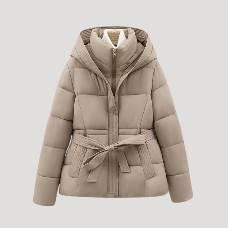Women’s Short Belted Puffer Jacket – Hooded Padded Outer Layer