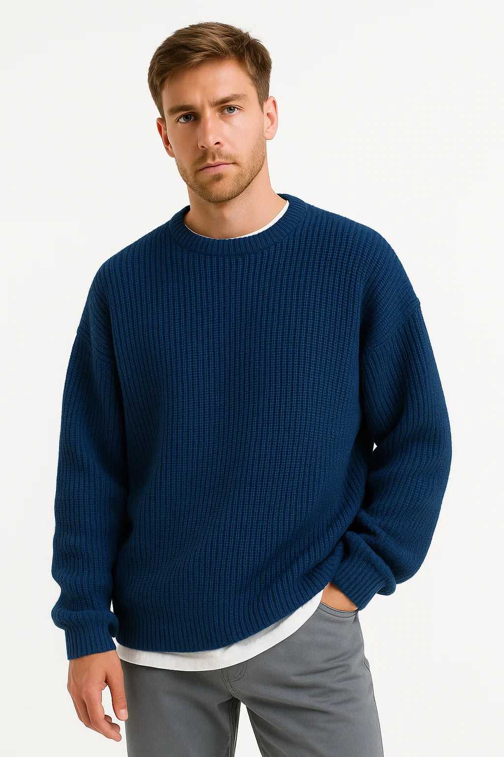 Men’s Oversized Knit Sweater – Ribbed Textured Pullover