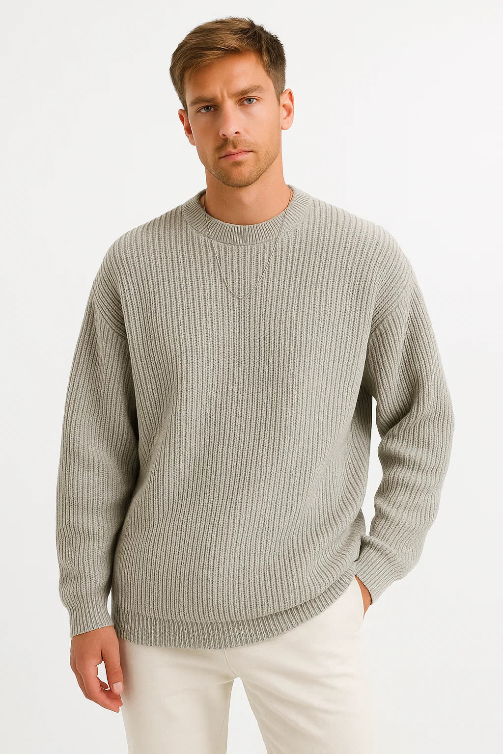 Men’s Oversized Knit Sweater – Ribbed Textured Pullover