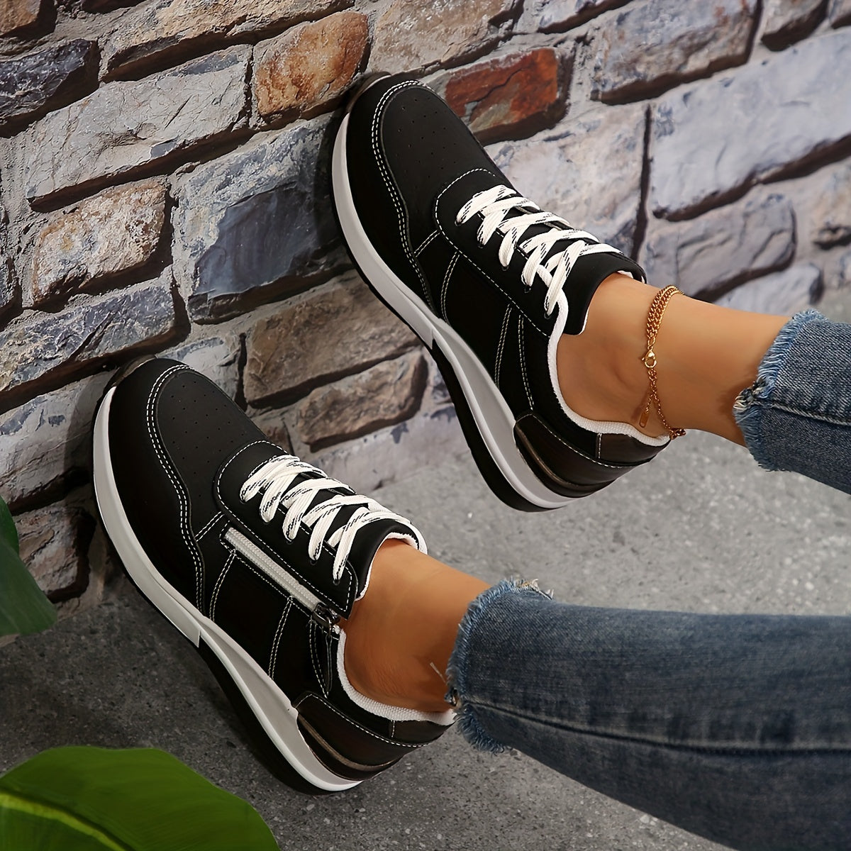 Women’s Cushioned Low-Top Sneakers | Perforated Comfort with Modern Zipper Detail
