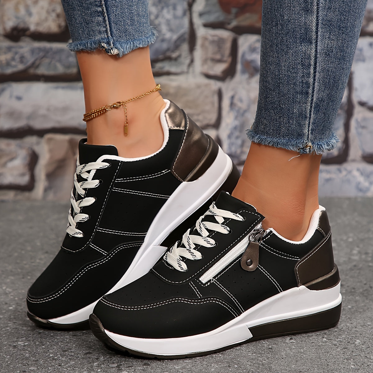 Women’s Cushioned Low-Top Sneakers | Perforated Comfort with Modern Zipper Detail