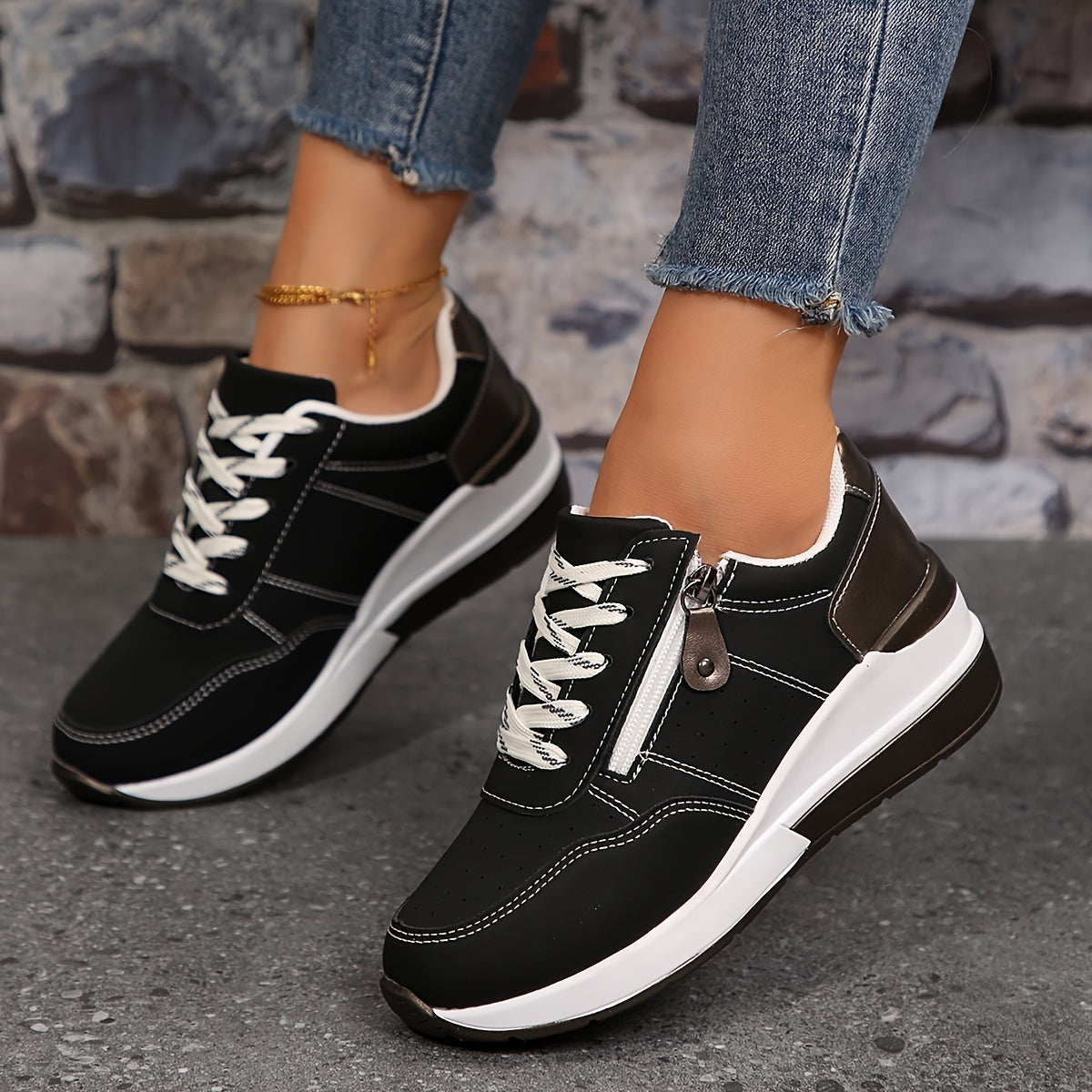 Women’s Cushioned Low-Top Sneakers | Perforated Comfort with Modern Zipper Detail