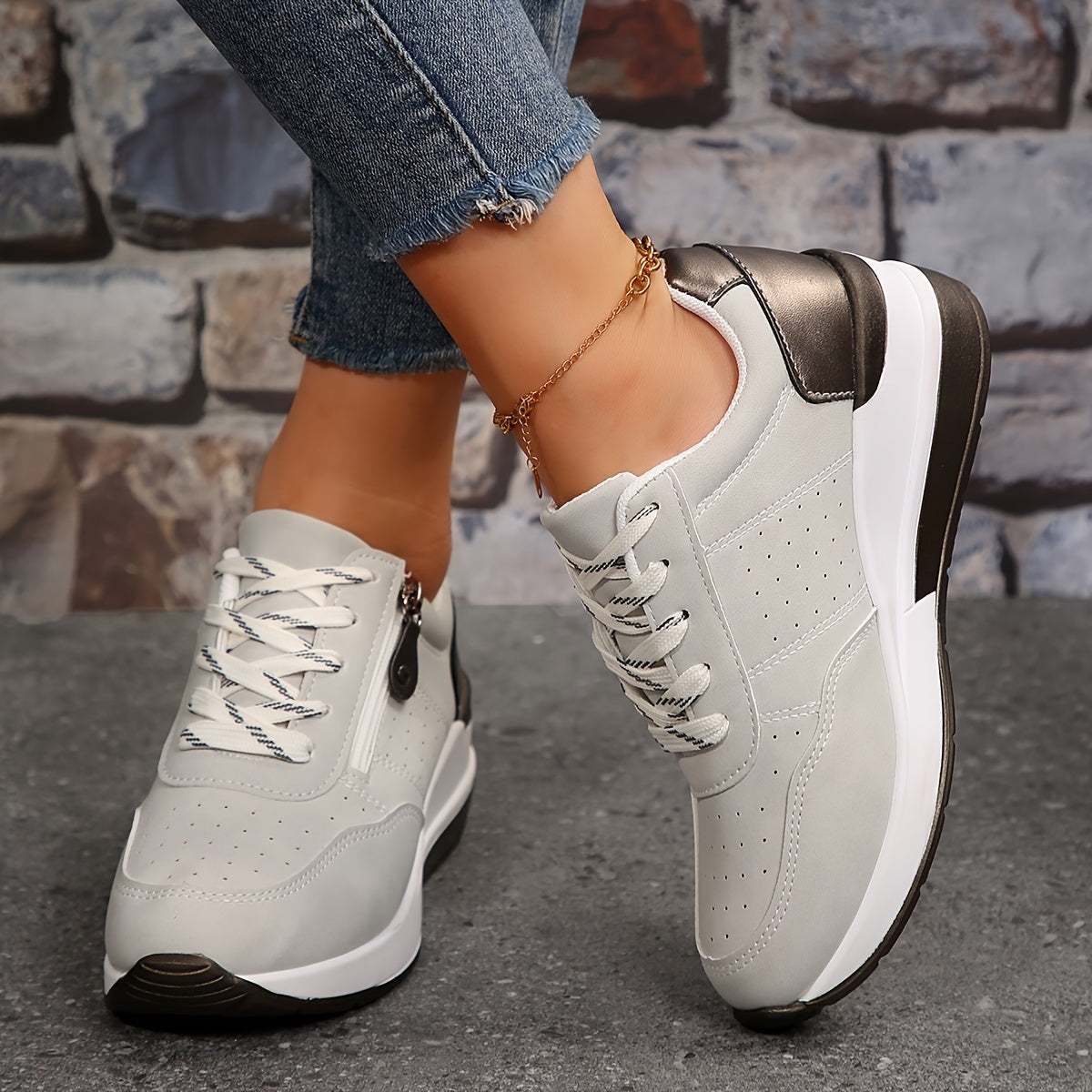 Women’s Cushioned Low-Top Sneakers | Perforated Comfort with Modern Zipper Detail