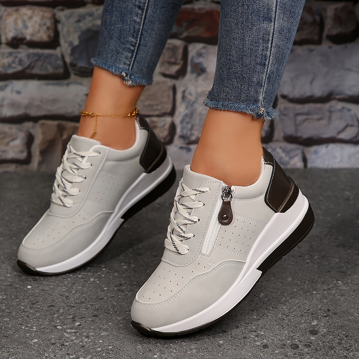 Women’s Cushioned Low-Top Sneakers | Perforated Comfort with Modern Zipper Detail