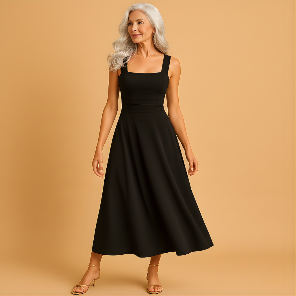 Women’s Midi Dress with Square Neckline & Waist Tie – Elegant & Comfortable for Everyday Wear