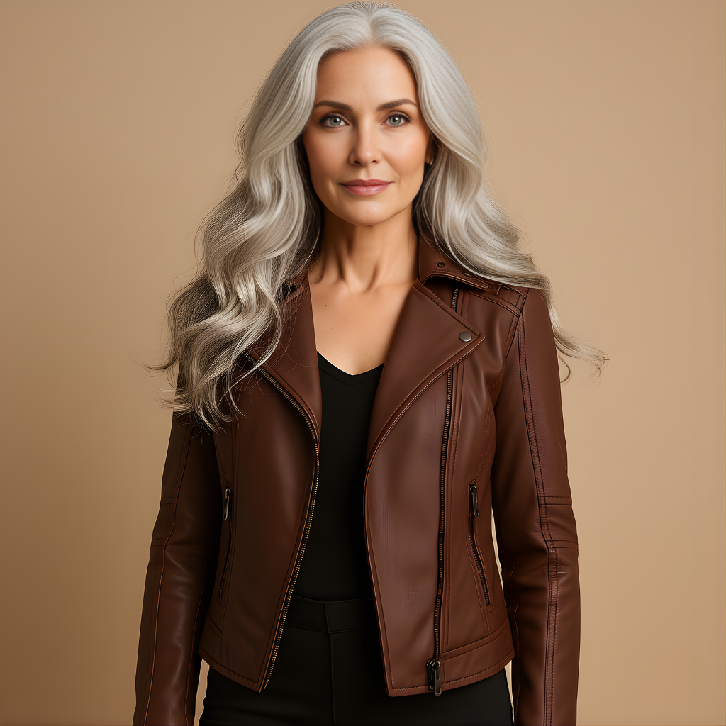 Women’s Fitted Faux Leather Jacket – Standing Collar & Structured Fit