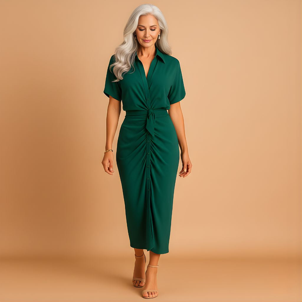 Women’s Elegant Ankle-Length Dress with Draped V-Neck – Refined Style for Formal Occasions