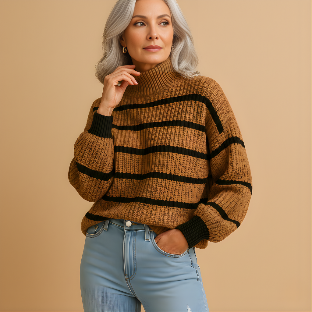 Women’s Striped High Neck Knit Sweater – Relaxed Everyday Fit