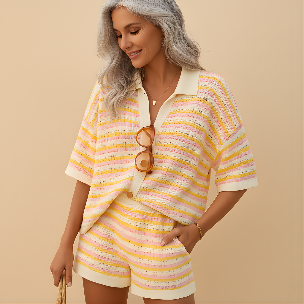 Women’s Striped Blouse & High-Waist Shorts Set – Lightweight & Versatile for Summer
