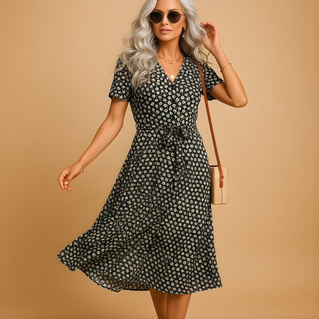 Women’s Floral Midi Dress with Short Sleeves – Lightweight & Comfortable for Summer Wear