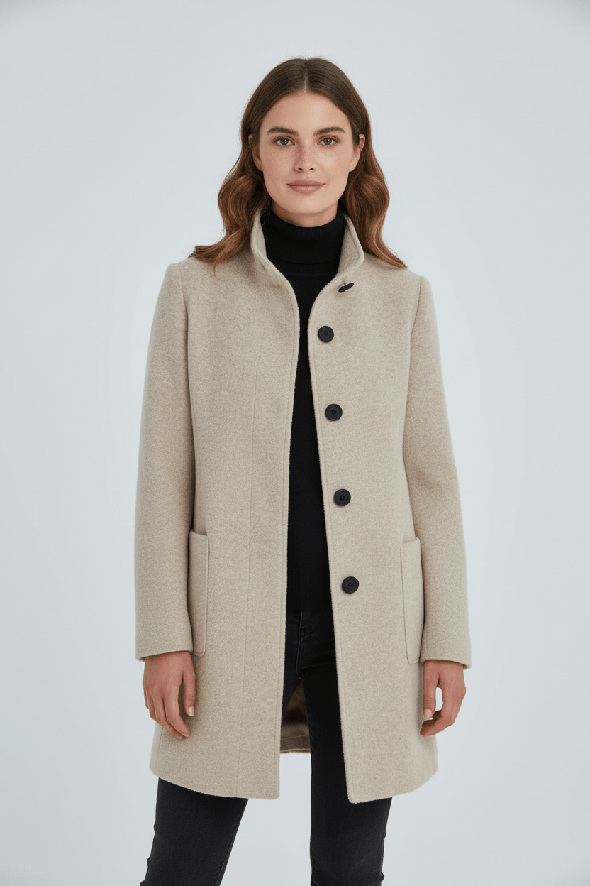 Women’s Long Coat – Stand Collar Button-Front Outer Layer