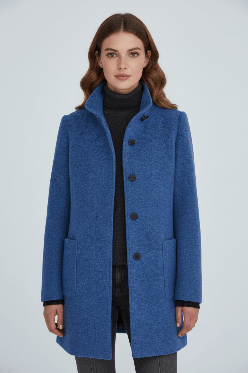Women’s Long Coat – Stand Collar Button-Front Outer Layer