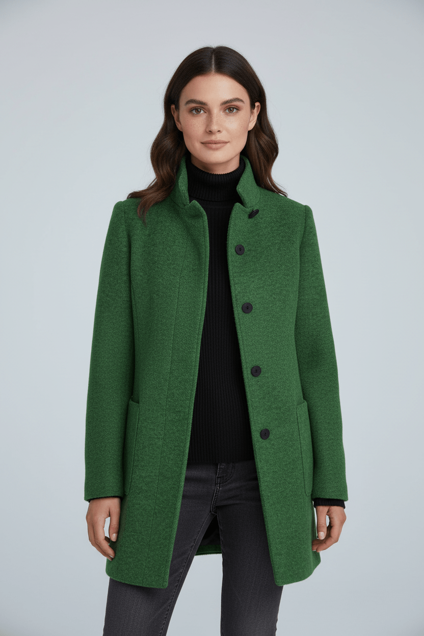 Women’s Long Coat – Stand Collar Button-Front Outer Layer