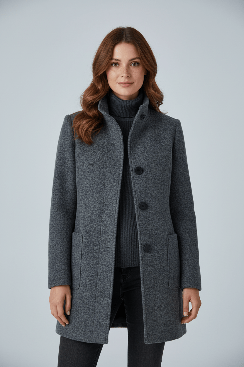 Women’s Long Coat – Stand Collar Button-Front Outer Layer
