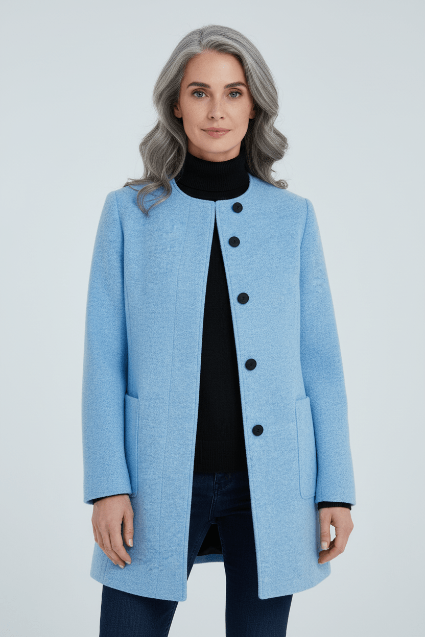 Women’s Long Coat – Stand Collar Button-Front Outer Layer
