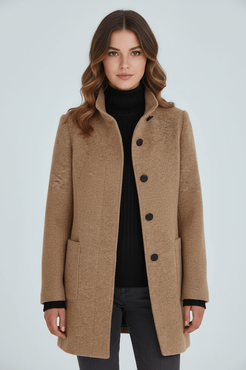 Women’s Long Coat – Stand Collar Button-Front Outer Layer