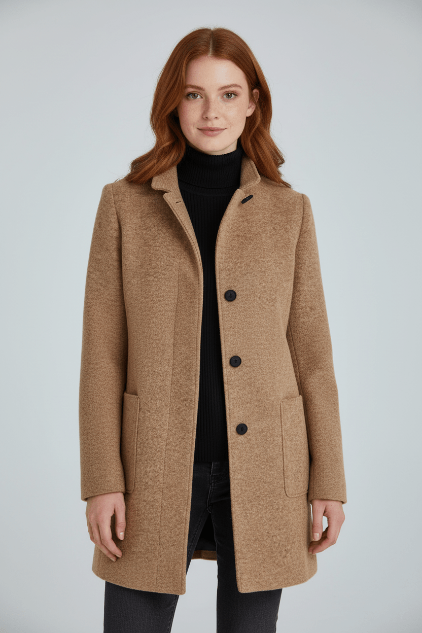 Women’s Long Coat – Stand Collar Button-Front Outer Layer