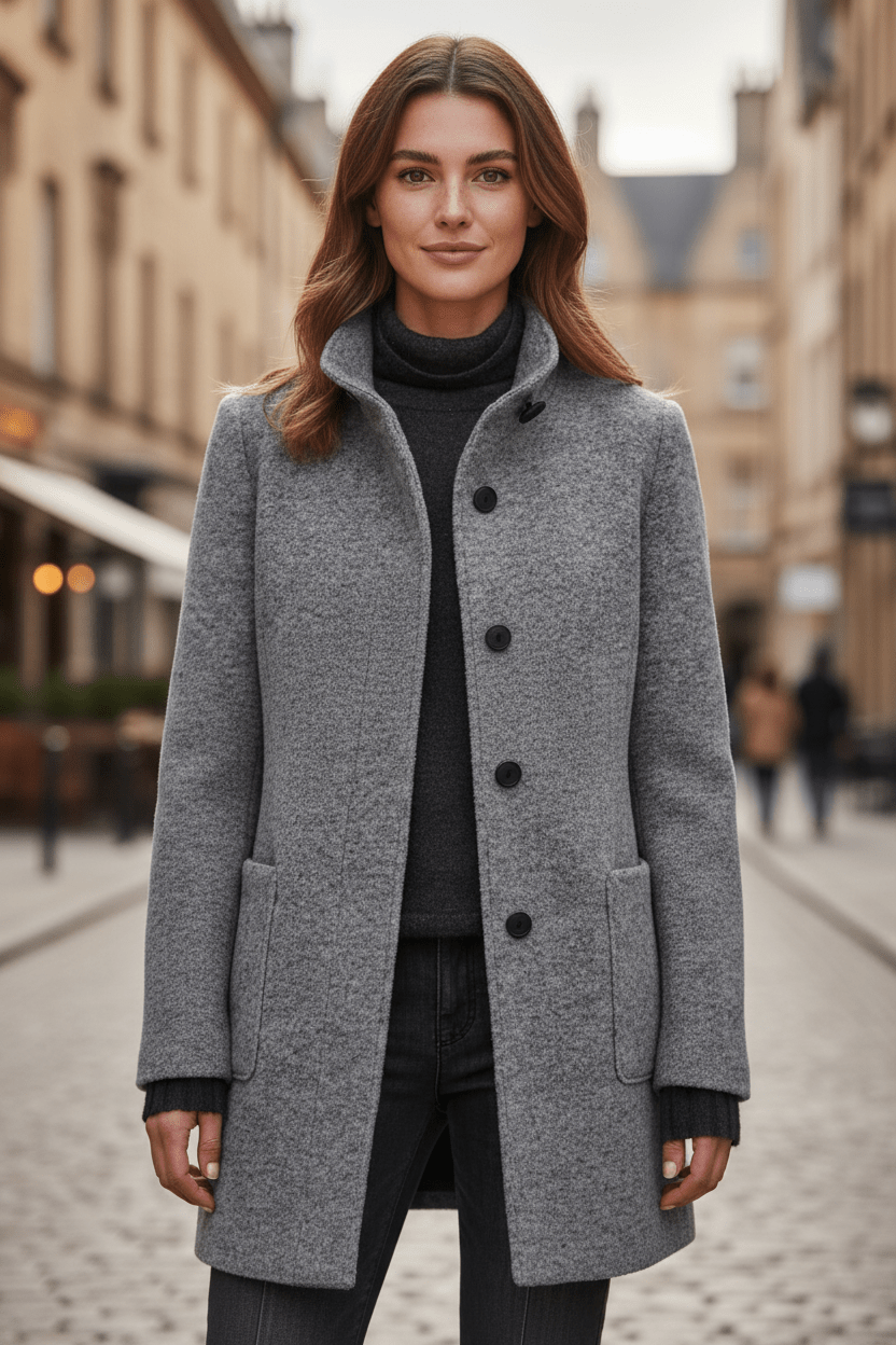 Women’s Long Coat – Stand Collar Button-Front Outer Layer
