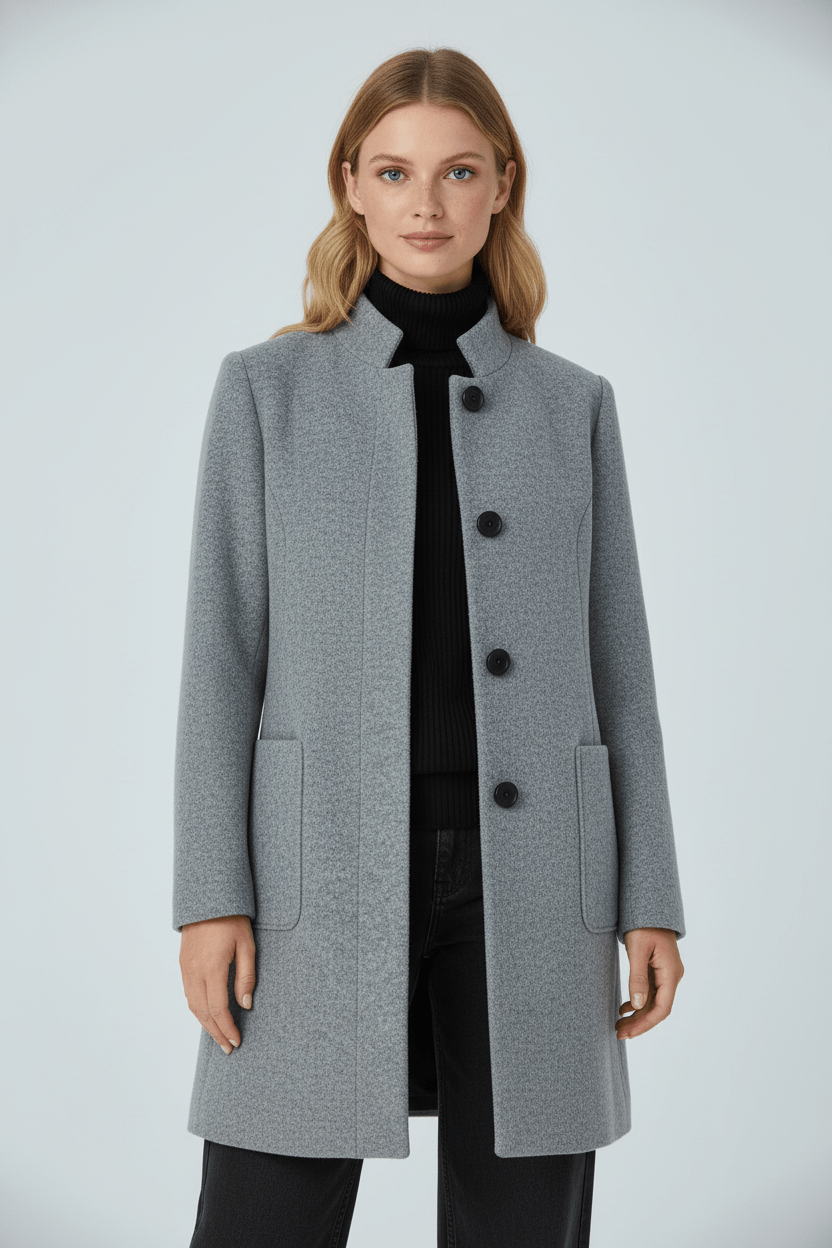 Women’s Long Coat – Stand Collar Button-Front Outer Layer