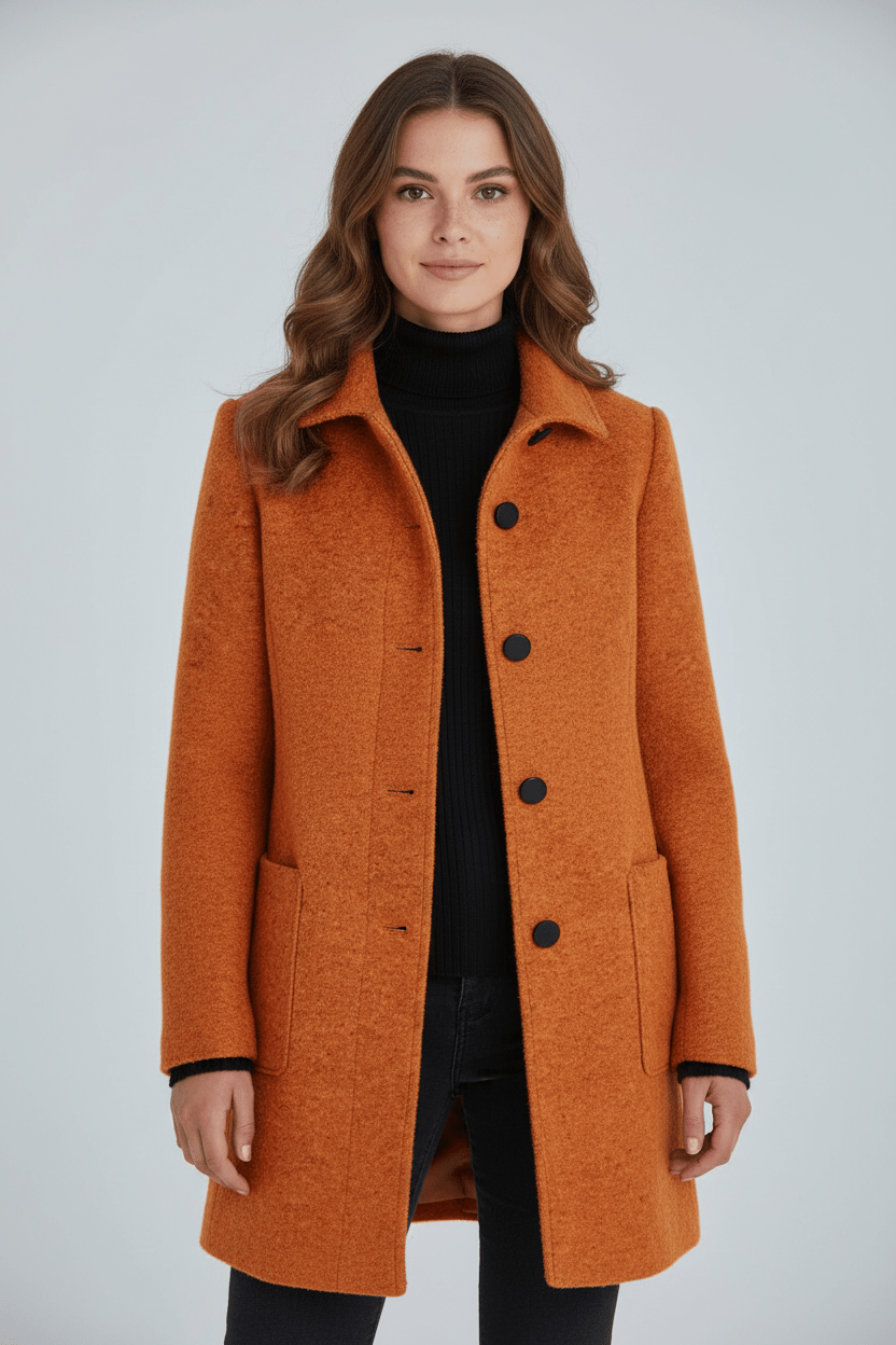 Women’s Long Coat – Stand Collar Button-Front Outer Layer