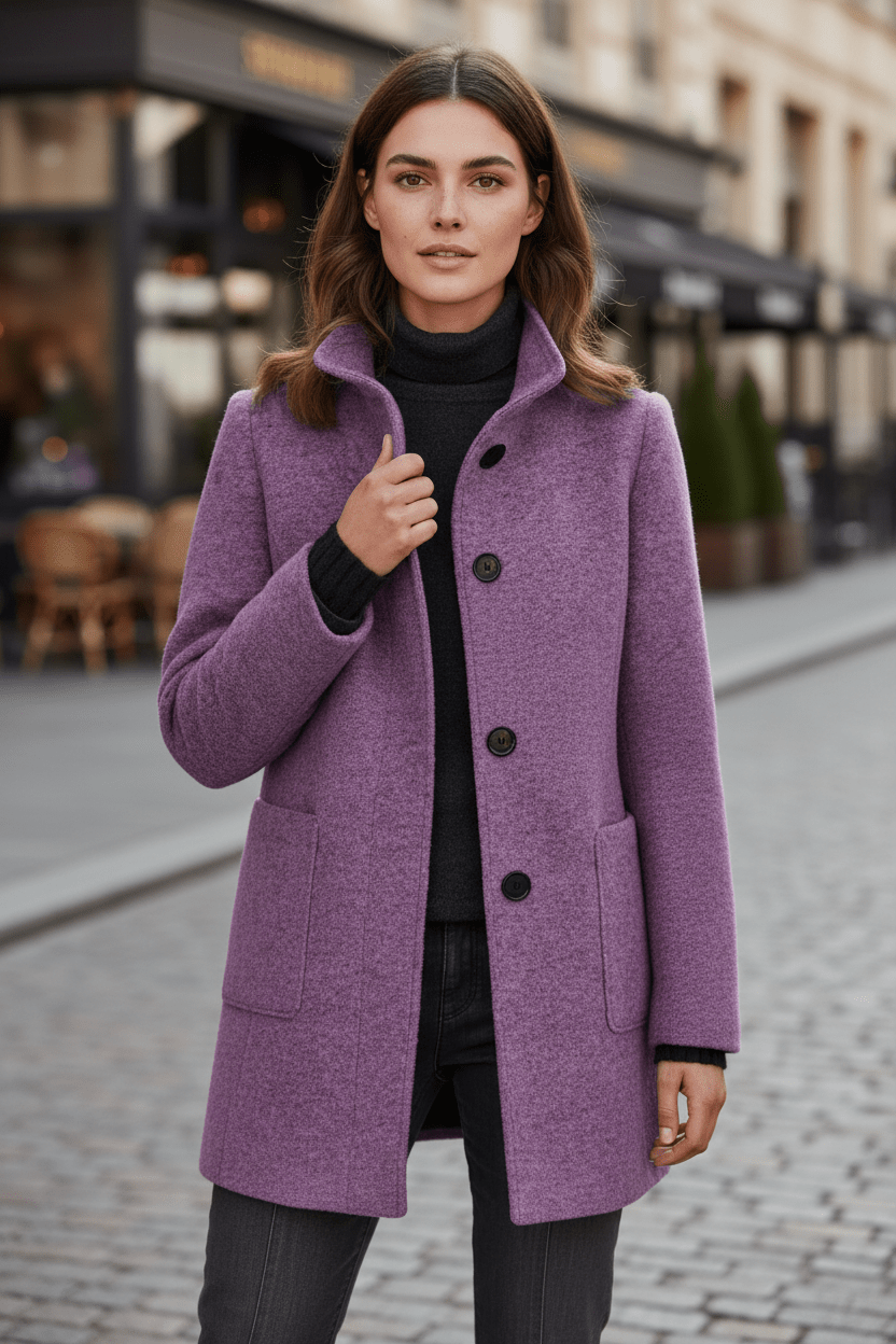 Women’s Long Coat – Stand Collar Button-Front Outer Layer