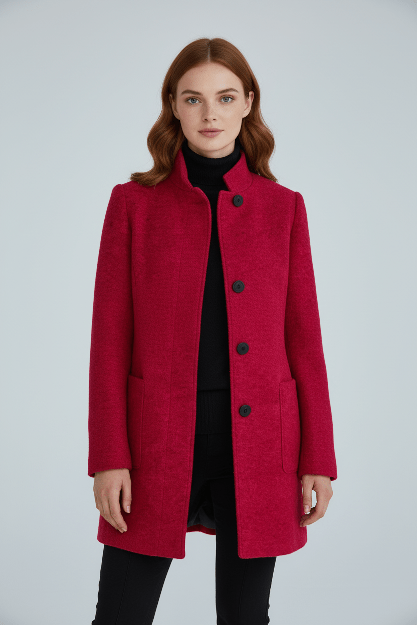 Women’s Long Coat – Stand Collar Button-Front Outer Layer