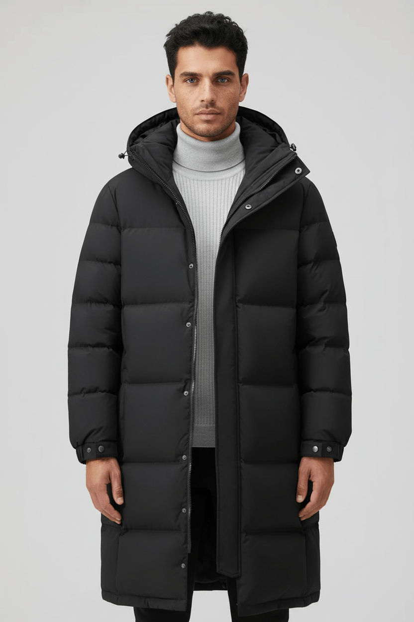 Men’s Insulated Hooded Trench Coat – Full-Length Winter Outer Layer