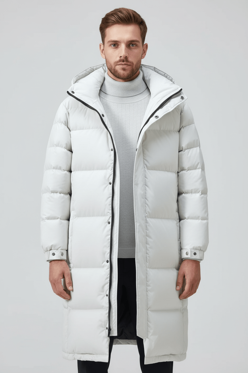 Men’s Insulated Hooded Trench Coat – Full-Length Winter Outer Layer