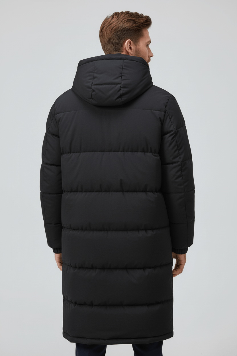 Men’s Insulated Hooded Trench Coat – Full-Length Winter Outer Layer