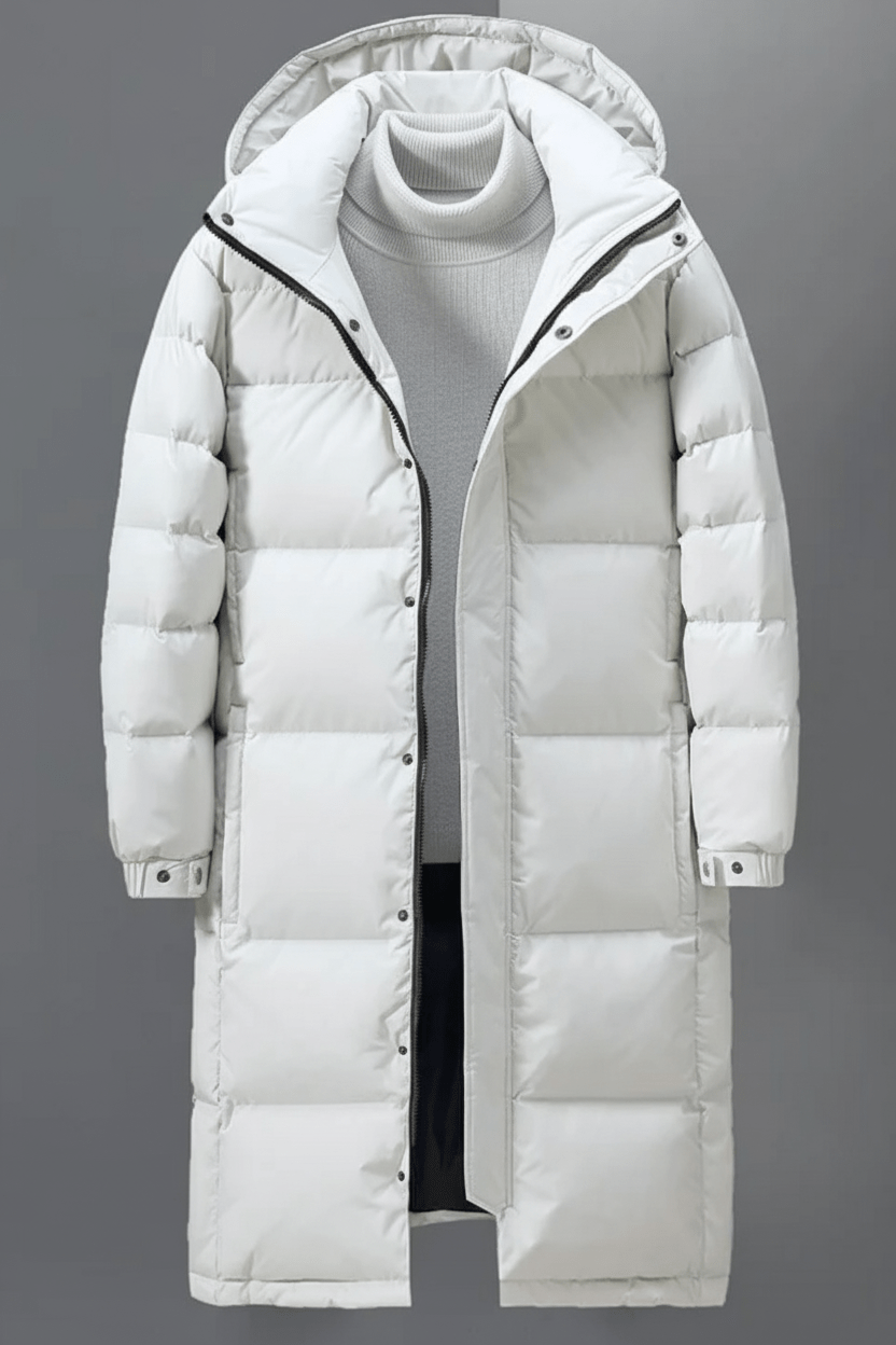 Men’s Insulated Hooded Trench Coat – Full-Length Winter Outer Layer