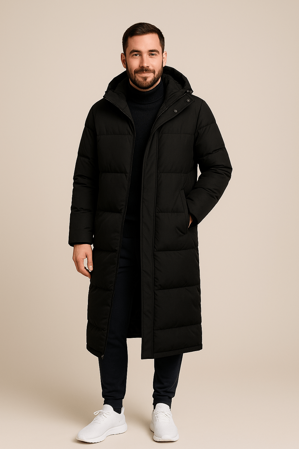 Men’s Quilted Puffer Coat with Hood – Longline Winter Outer Layer
