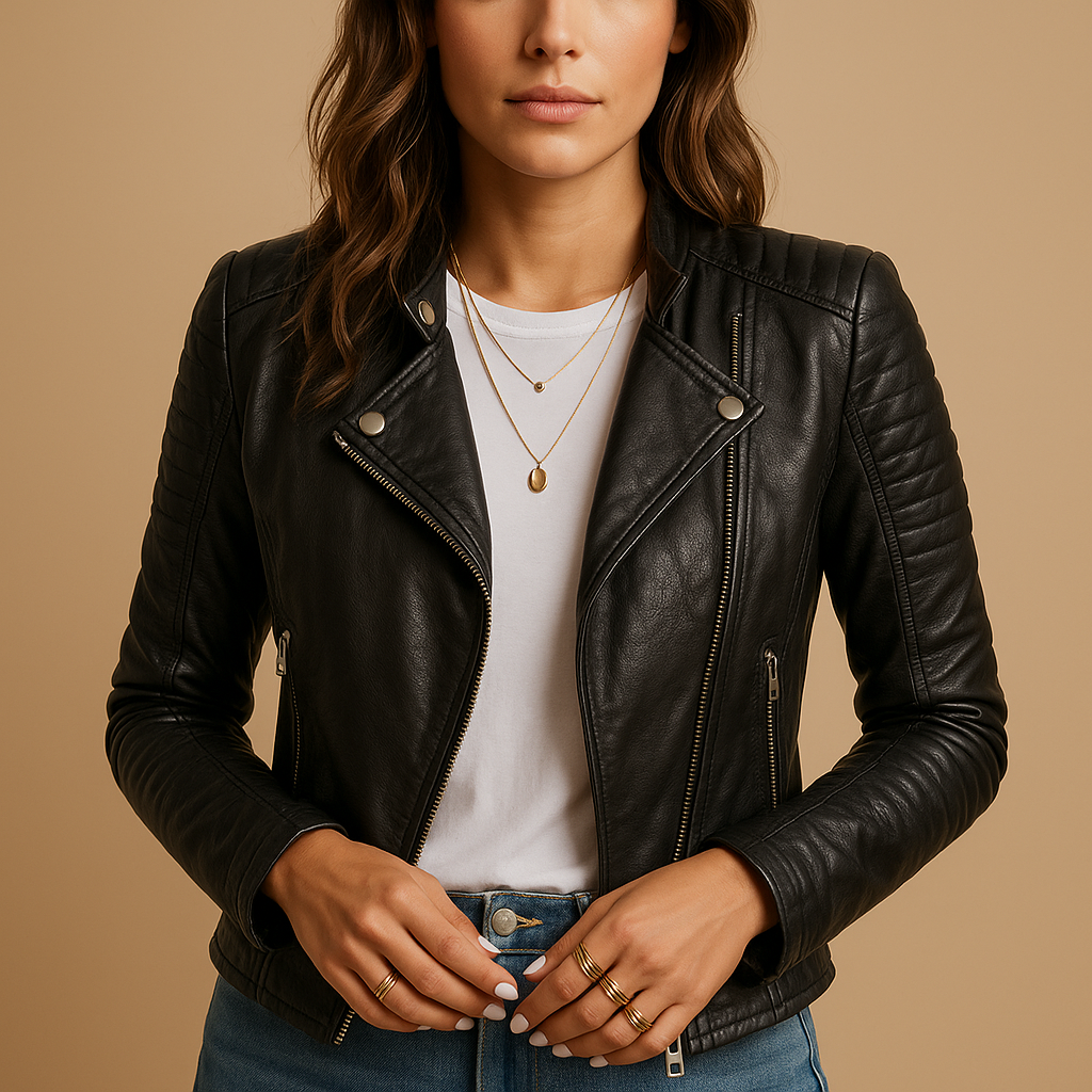 Women’s Black Faux Leather Jacket – Tailored Fit with Classic Collar
