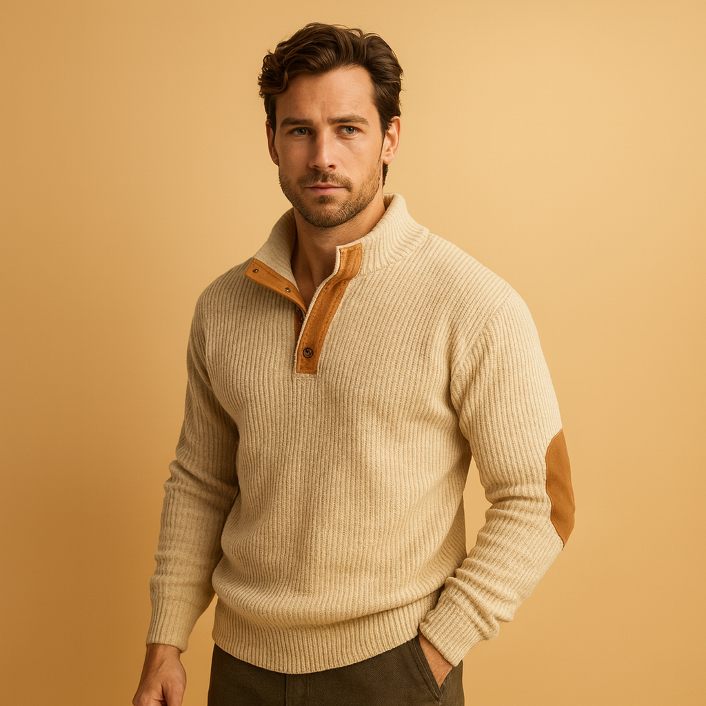 Men’s Ribbed Sweater with Button Collar – Casual Pullover Style