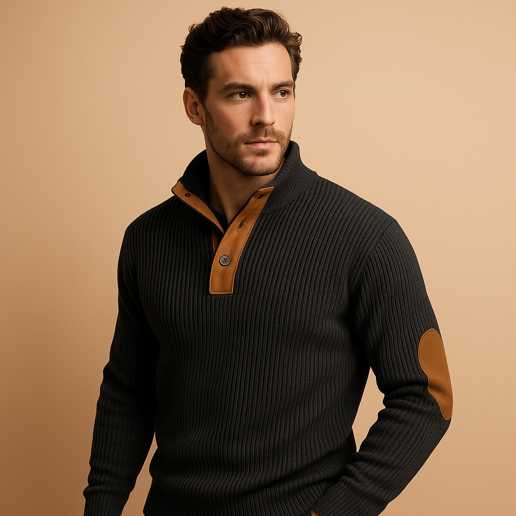 Men’s Ribbed Sweater with Button Collar – Casual Pullover Style