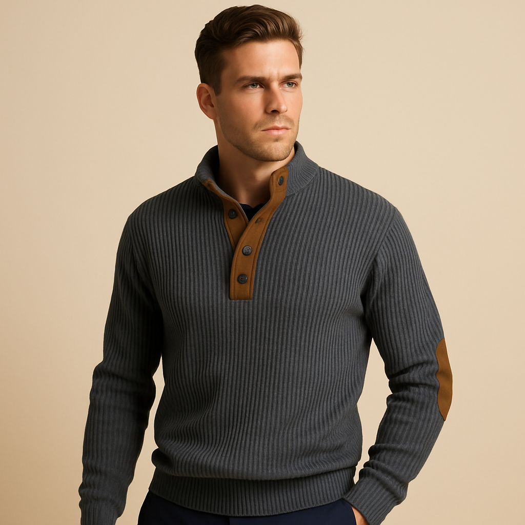Men’s Ribbed Sweater with Button Collar – Casual Pullover Style