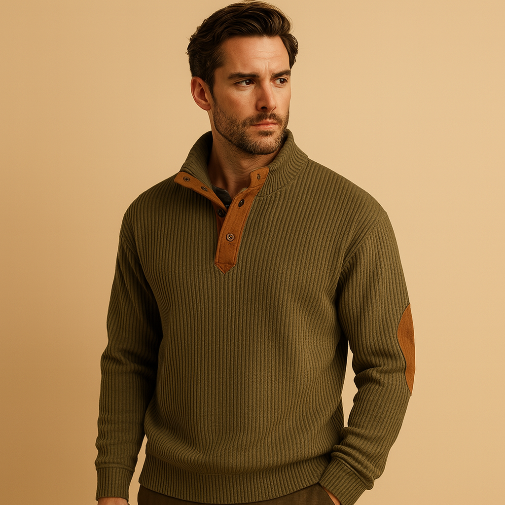 Men’s Ribbed Sweater with Button Collar – Casual Pullover Style