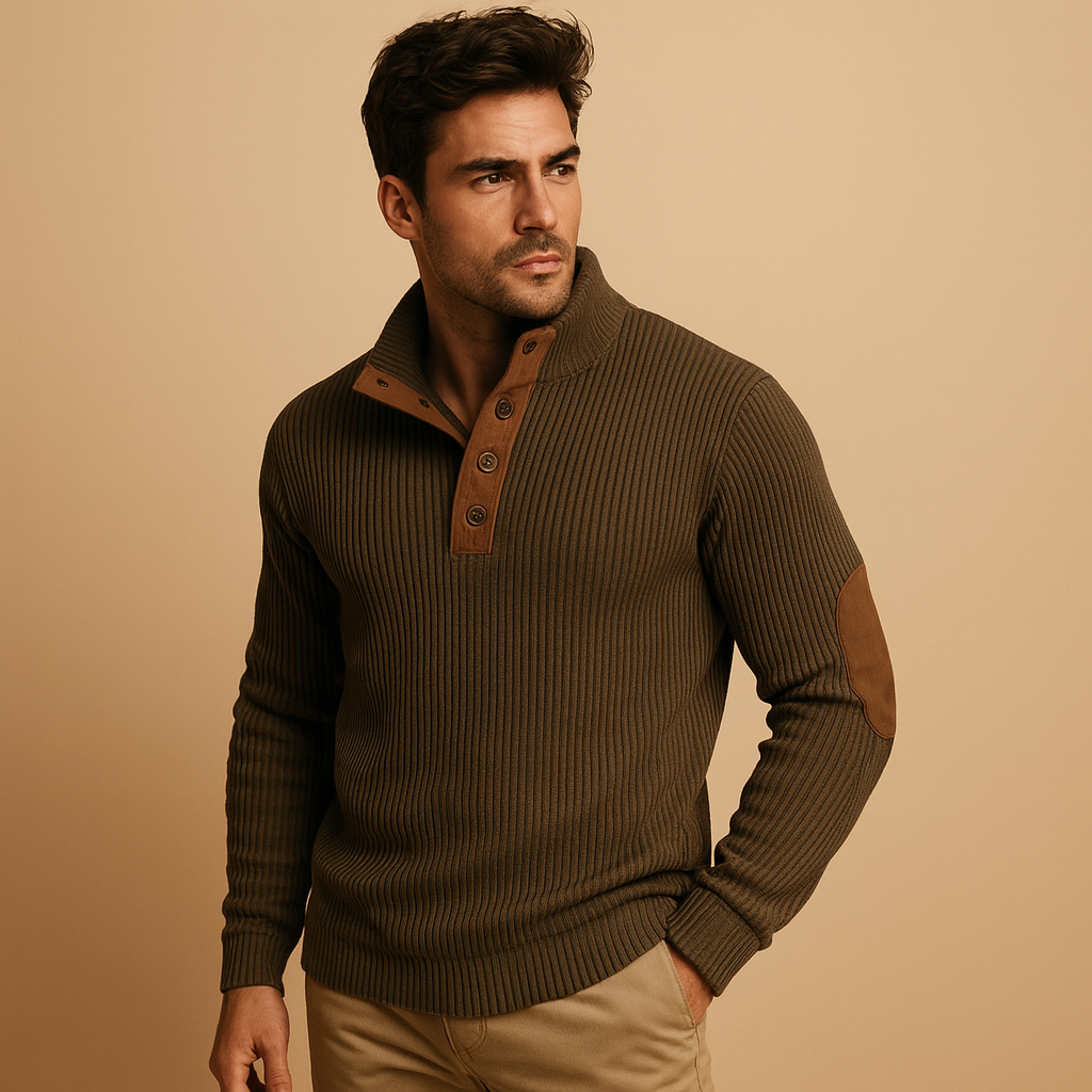 Men’s Ribbed Sweater with Button Collar – Casual Pullover Style
