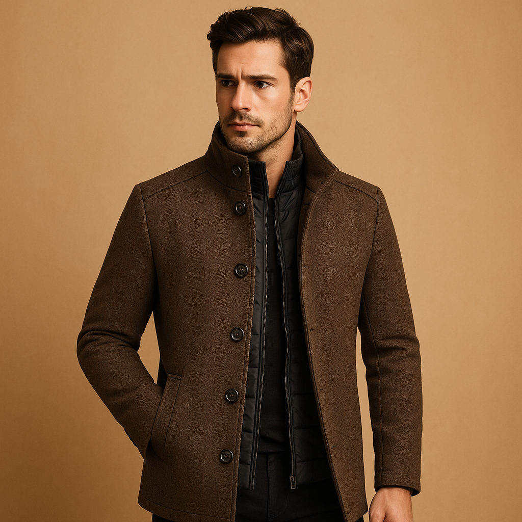 Men’s High-Collar Overcoat – Formal Outer Layer for Everyday Wear