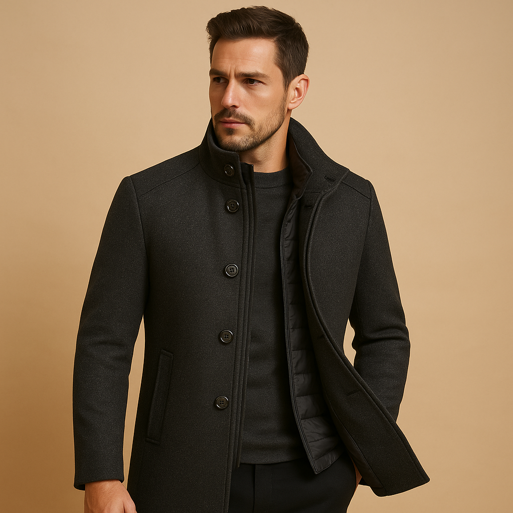 Men’s High-Collar Overcoat – Formal Outer Layer for Everyday Wear
