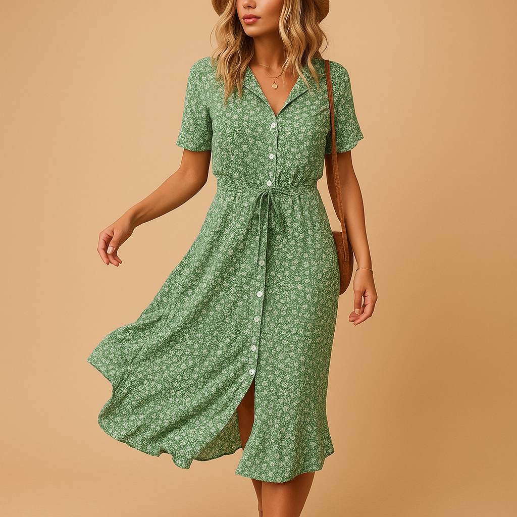 Women’s Floral Midi Dress with Short Sleeves – Lightweight & Comfortable for Summer Wear