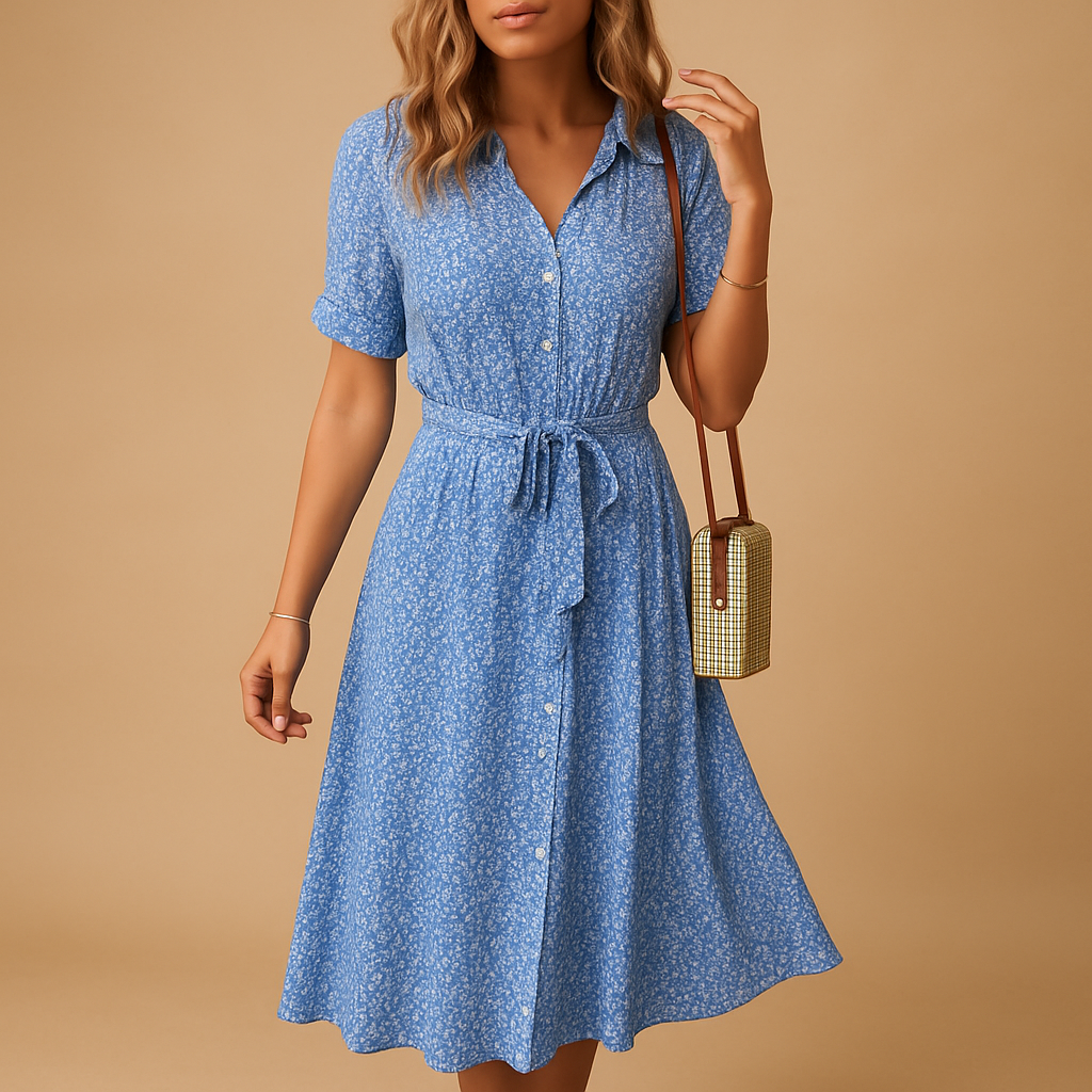 Women’s Floral Midi Dress with Short Sleeves – Lightweight & Comfortable for Summer Wear