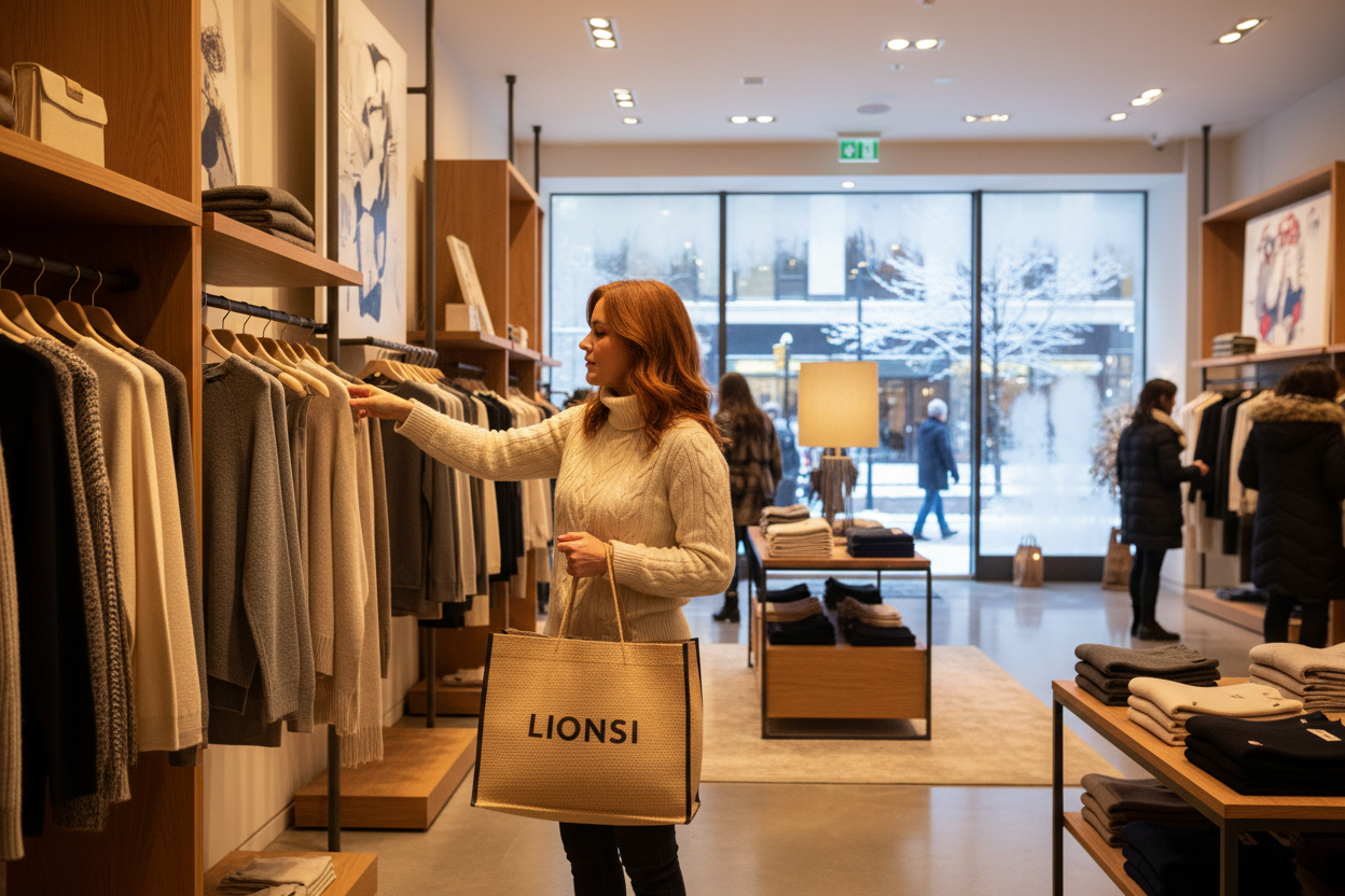 geneer een shoppende vrouw in een Lionsi winkel met een trui aan omdat het koud is buiten