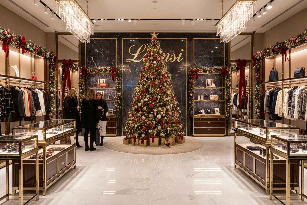 Genereen een luxe uitziende winkel van binnen met de naam Lionsi op de muur als naam van de winkel, gooi het in kerstsfeer