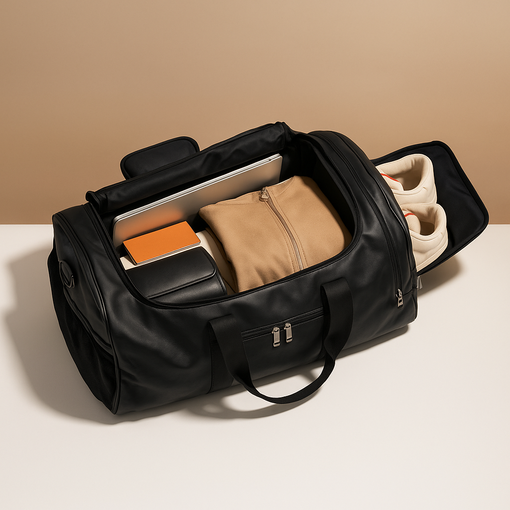 Men’s Leather Travel Duffle Bag with Shoe Compartment – Structured Carry-On