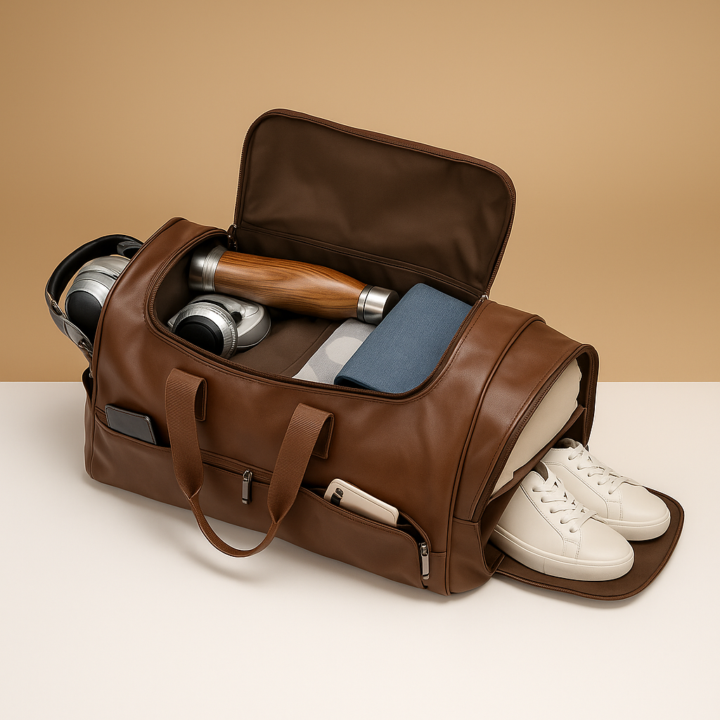 Men’s Leather Travel Duffle Bag with Shoe Compartment – Structured Carry-On