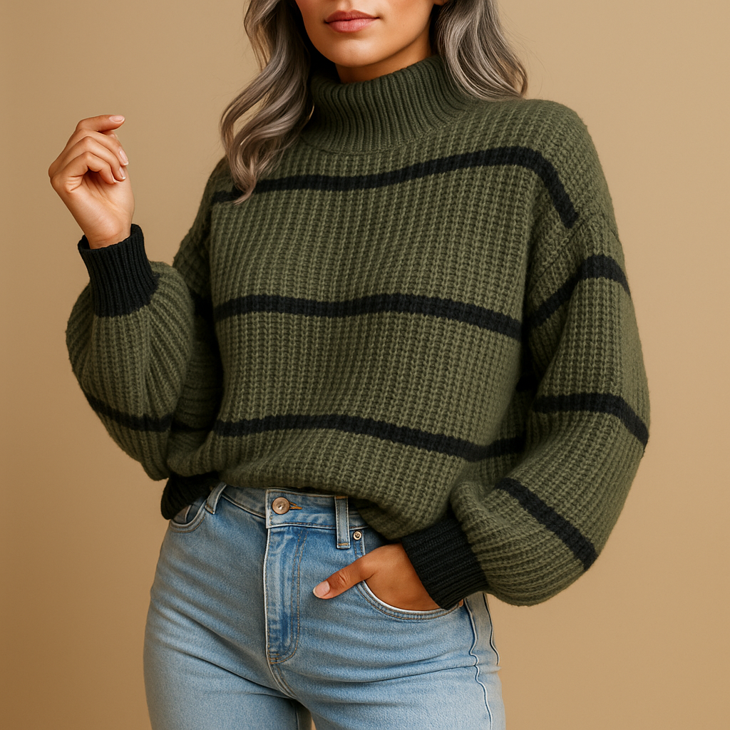 Women’s Striped High Neck Knit Sweater – Relaxed Everyday Fit